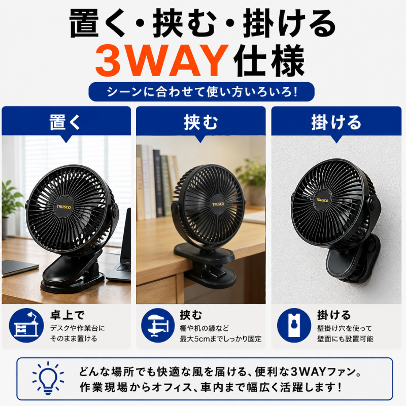 トラスコ　3WAY充電式クリップファン　12cm　TCF-1