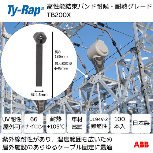 TY-Rap　結束バンド　高性能ケーブルタイ　耐候・耐熱　黒色　幅4.8×長さ186ｍｍ　100本入り　TB200X