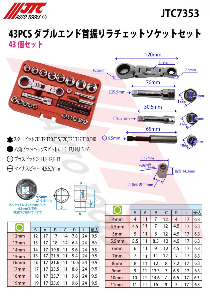 JTC 43PCS ダブルエンド首振りラチェットソケットセット JTC7353