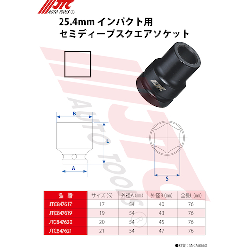 JTC ２５．４ｍｍインパクト用セミディープスクエアソケット １９ｍｍ